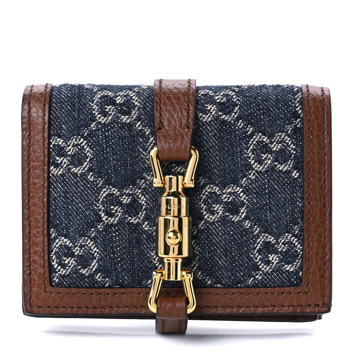 Gucci New Denim GG Monogram Jackie 1961 Card Case Blue Tea Cuir 1 of 7