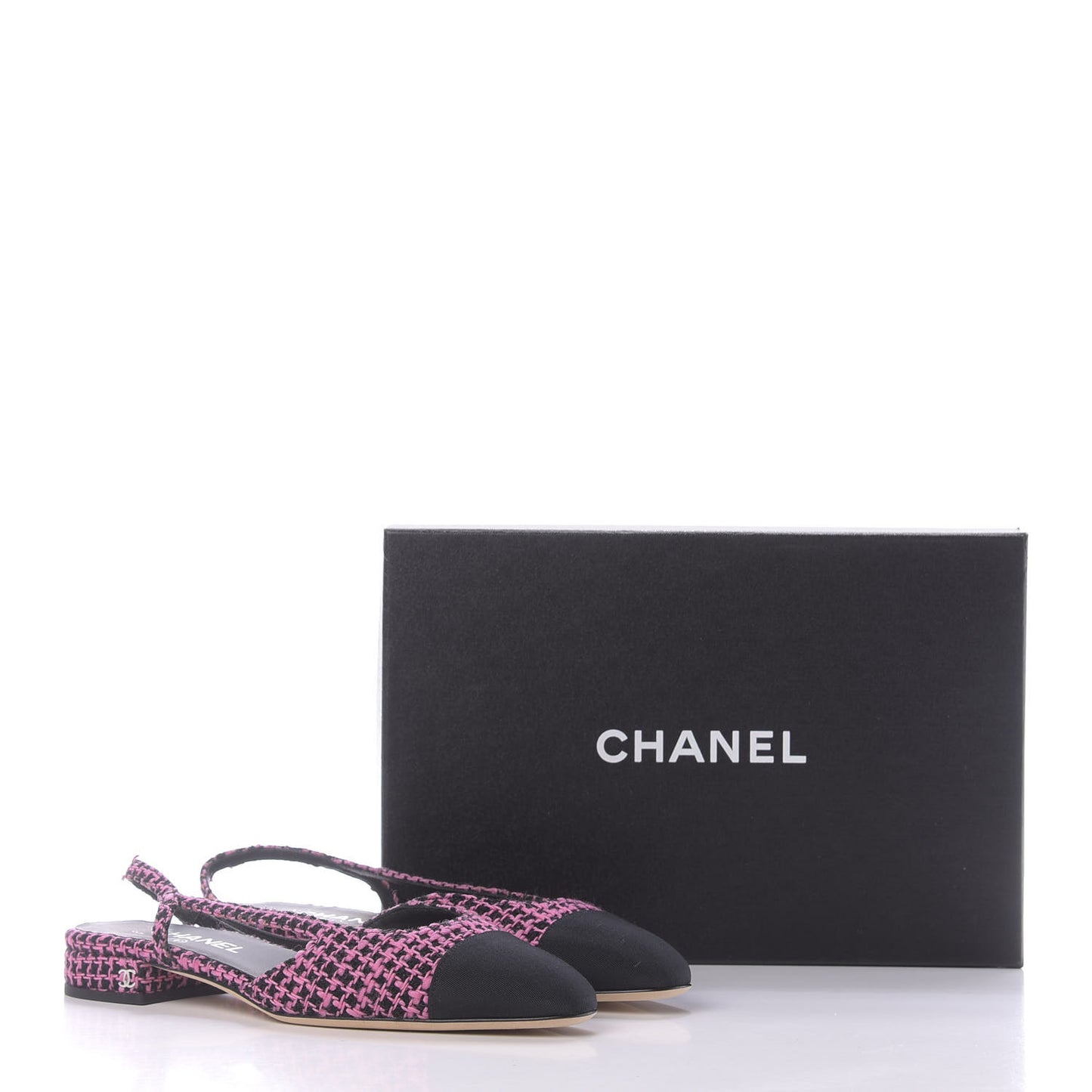 Tweed Grosgrain Cap Toe CC Slingback Flat 39 Pink Black