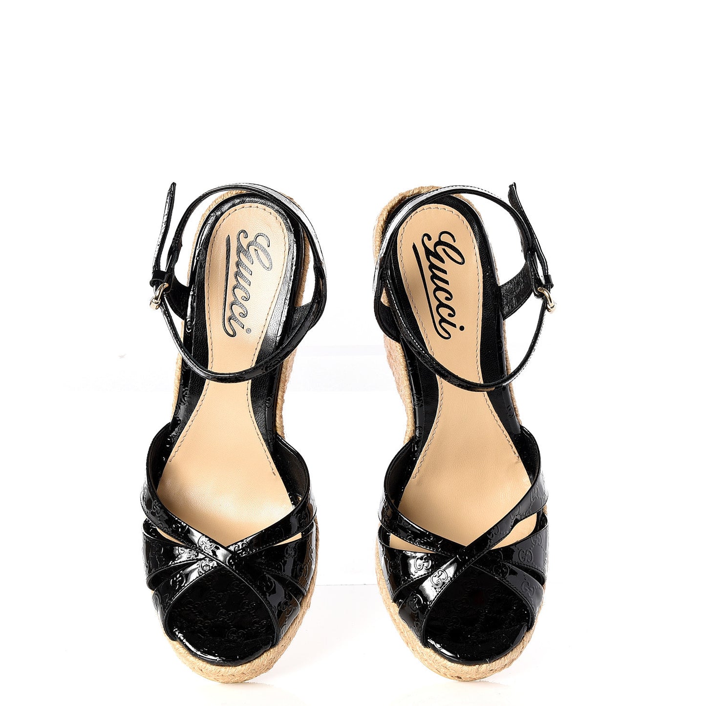 Patent Microguccissima Penelope Espadrille Wedge Sandals 35 Black