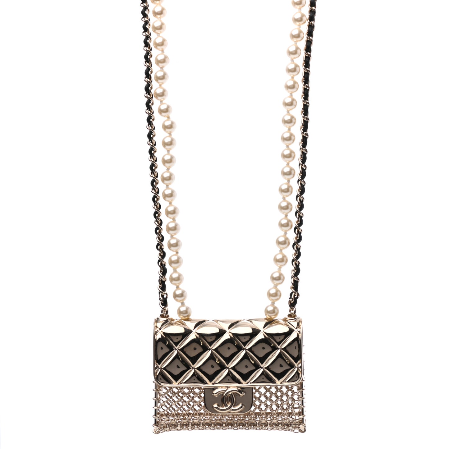 Metal Lambskin Pearl Chain Flap Bag Long Necklace Gold Black Pearly White
