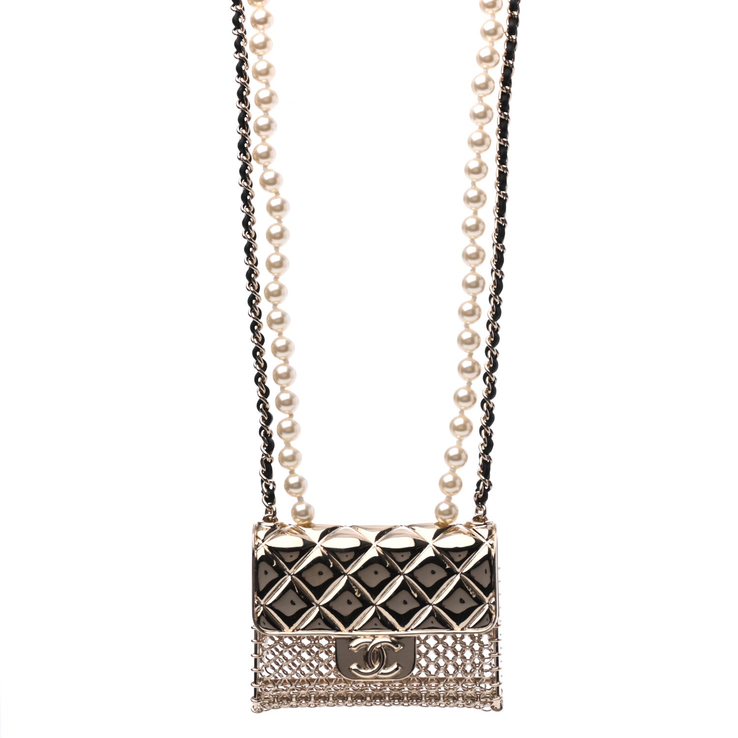 Chanel Metal Lambskin Pearl Chain Flap Bag Long Necklace Gold Black Pearly White 1 of 3