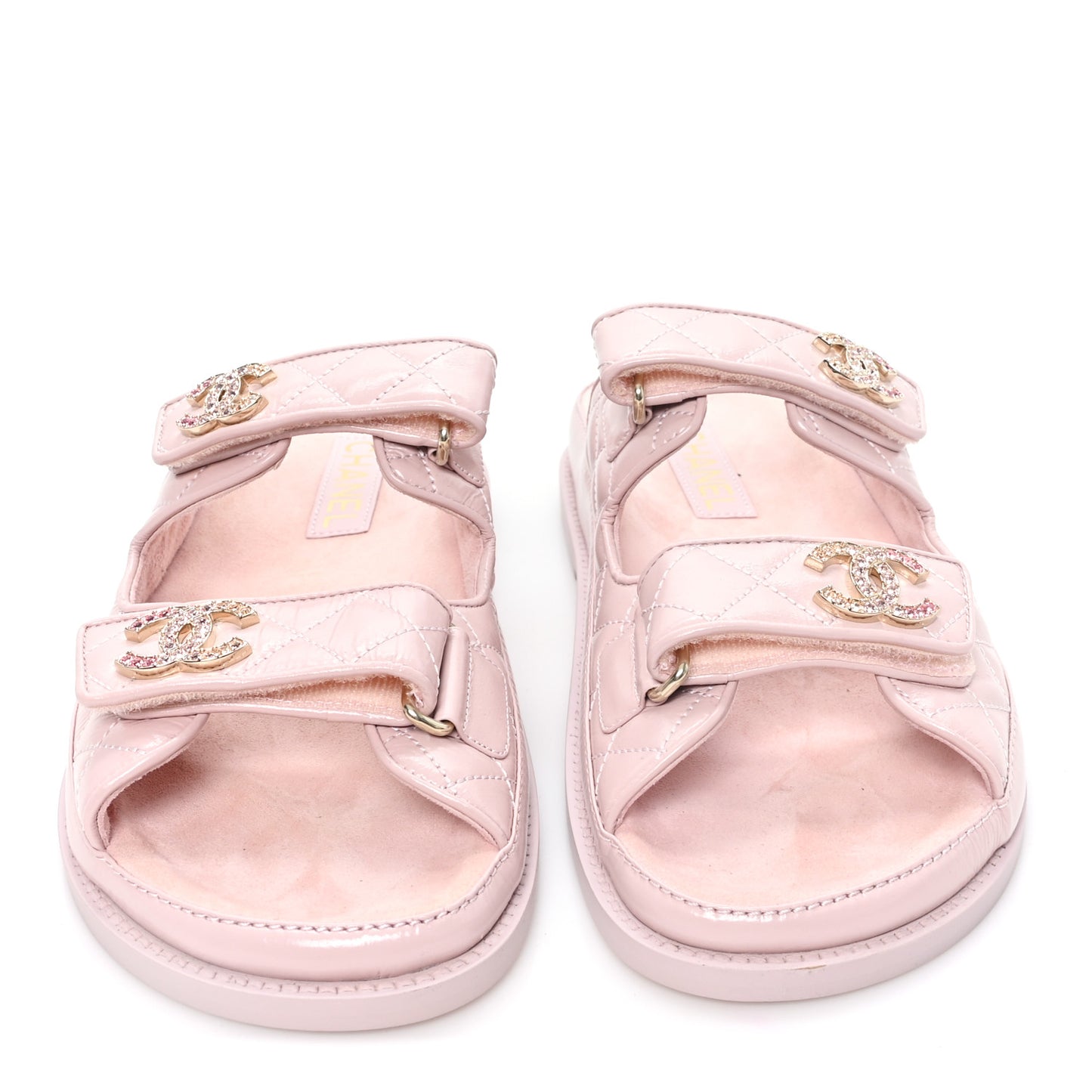 Shiny Calfskin Quilted Velcro Dad Crystal CC Slide Sandals 39 Light Pink
