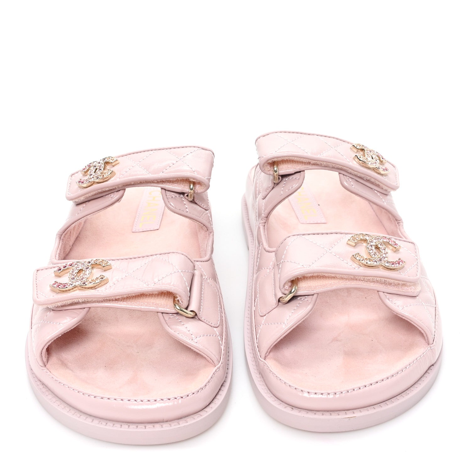 Chanel Shiny Calfskin Quilted Velcro Dad Crystal CC Slide Sandals 39 Light Pink 3 of 10