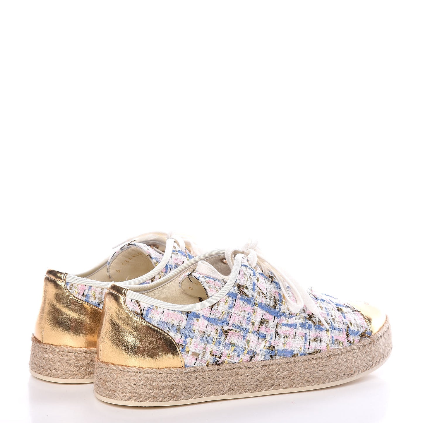 Tweed Laminated Lambskin Lace Up Espadrilles 37 Pink Blue Gold White