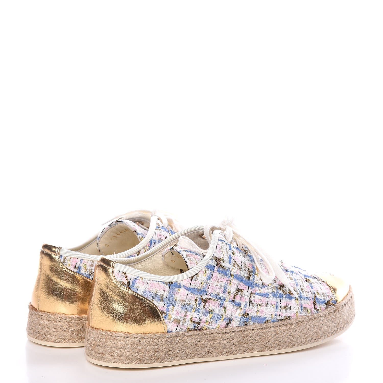 Chanel Tweed Laminated Lambskin Lace Up Espadrilles 37 Pink Blue Gold White 4 of 8