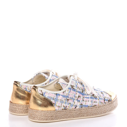 Chanel Tweed Laminated Lambskin Lace Up Espadrilles 37 Pink Blue Gold White 4 of 8