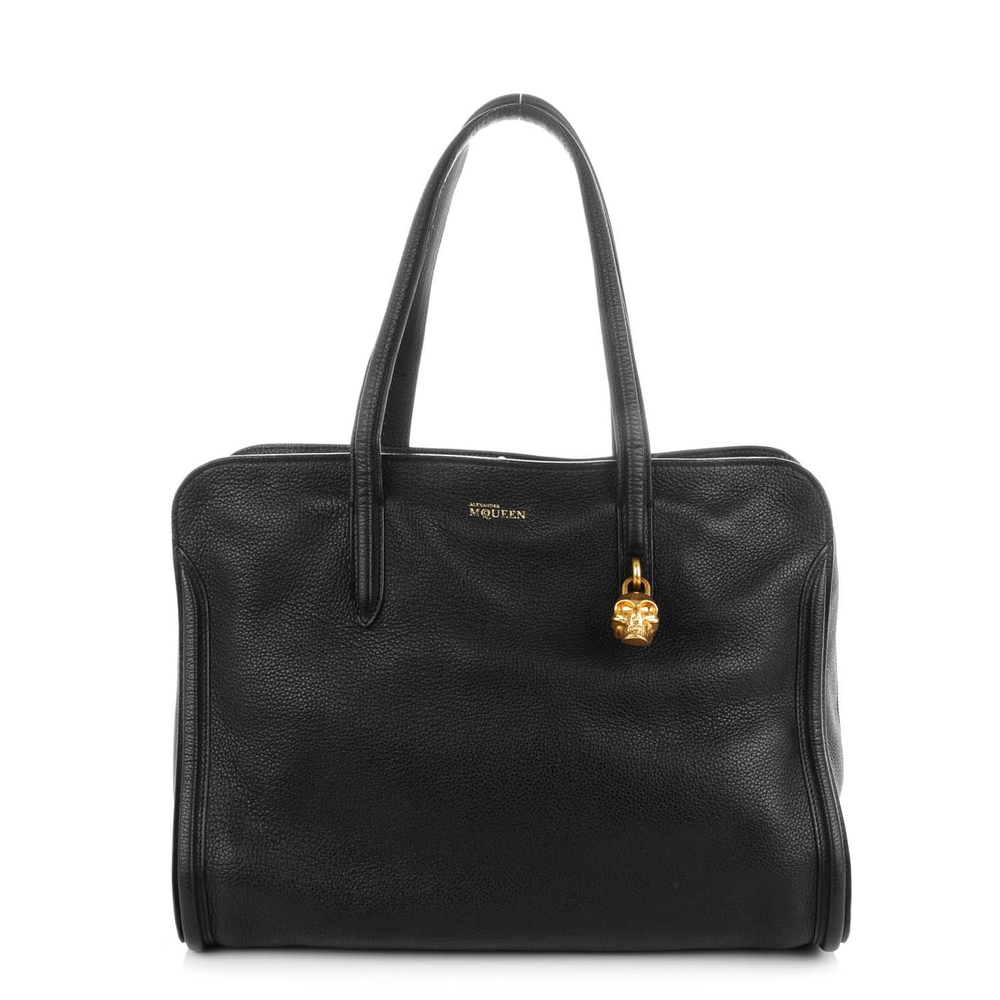 Pebbled Calfskin Medium Skull Padlock Zip Around Tote Black