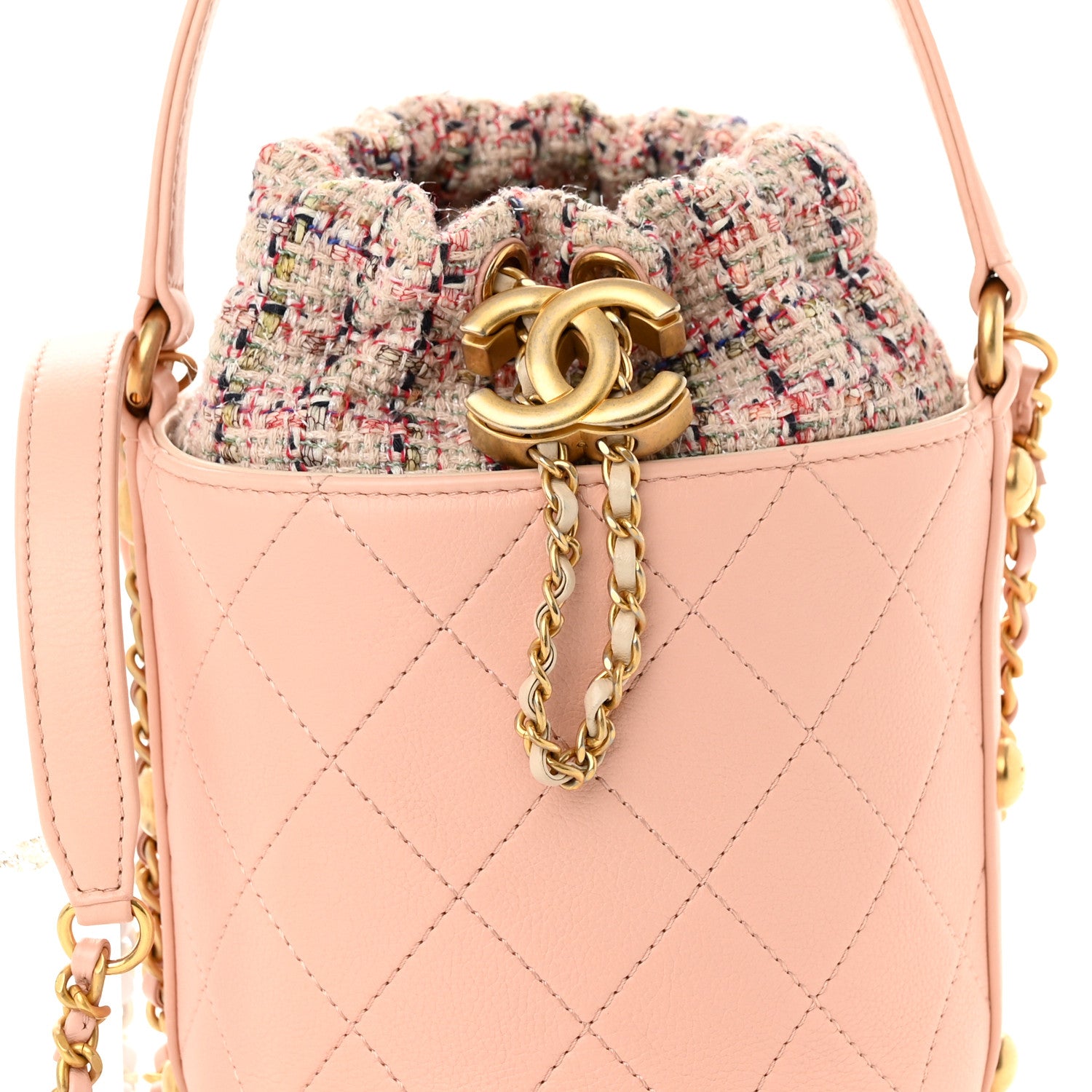 Chanel Calfskin Tweed Small CC Chain Bucket Drawstring Bag Light Pink 8 of 10