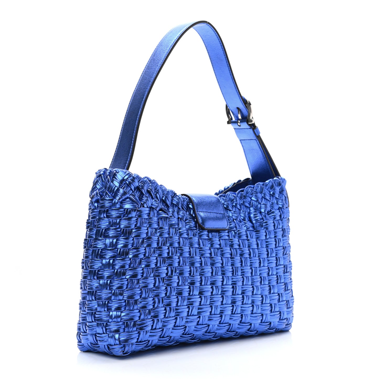 Metallic Woven Calfskin Trifolio Shoulder Bag Bluette