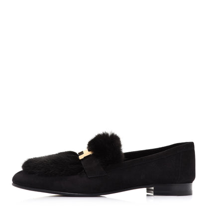 Hermes Mink Fur Suede Goatskin Paris Loafers 38.5 Black 1 of 11