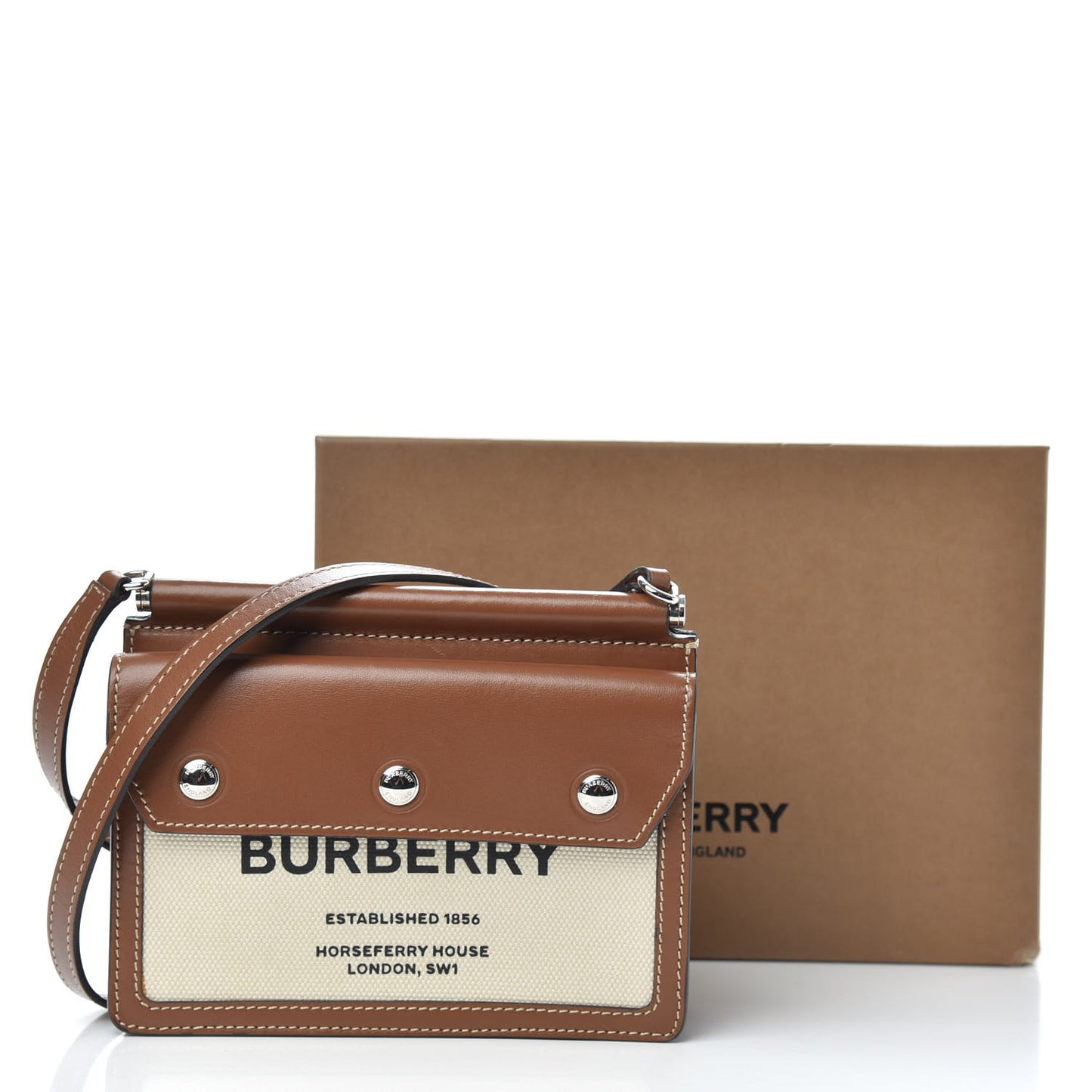 Smooth Calfskin Canvas Horseferry Print Mini Title Bag with Pocket Natural Malt Brown