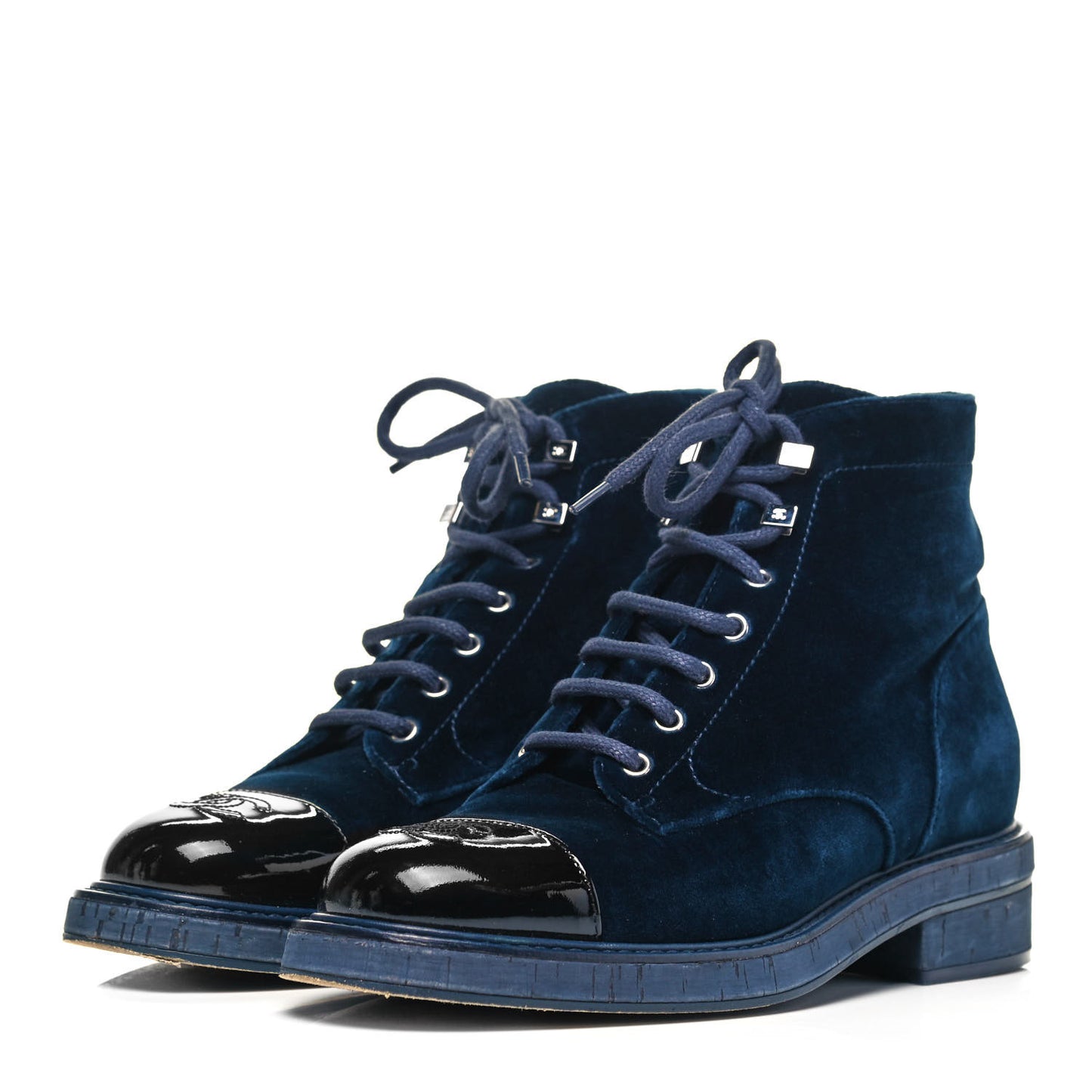 Velvet Patent Cap Toe CC Lace Up Combat Boots 39 Blue Black