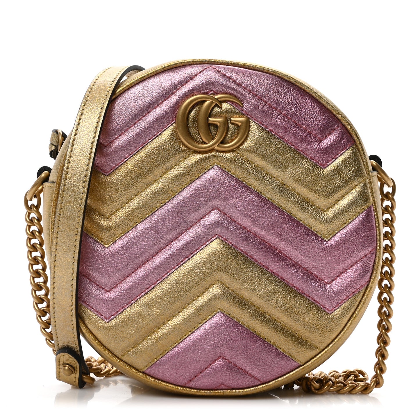 Metallic Nappa Matelasse Heart Mini GG Marmont Round Shoulder Bag Oro Vecchio Rosa