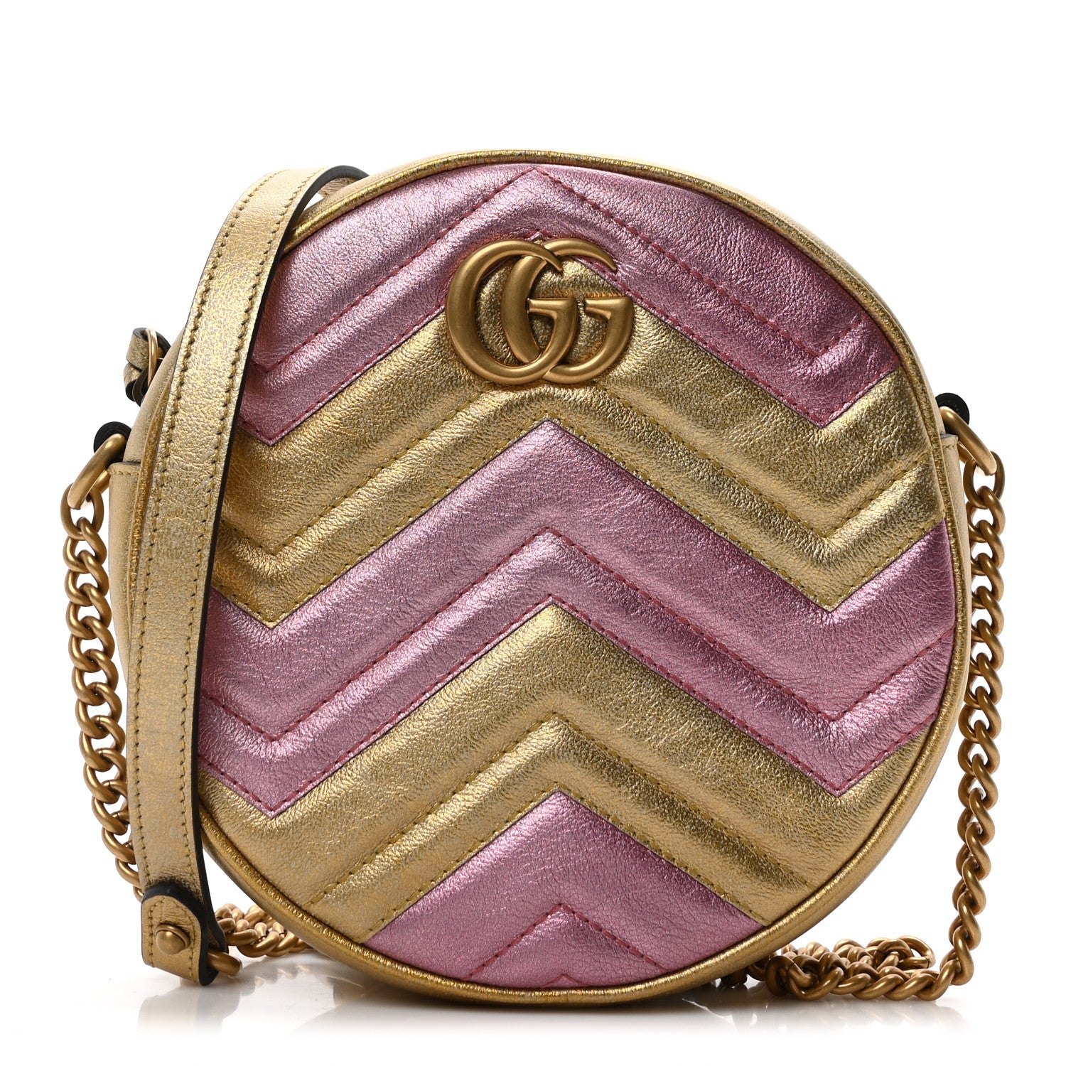 Gucci Metallic Nappa Matelasse Heart Mini GG Marmont Round Shoulder Bag Oro Vecchio Rosa 1 of 10
