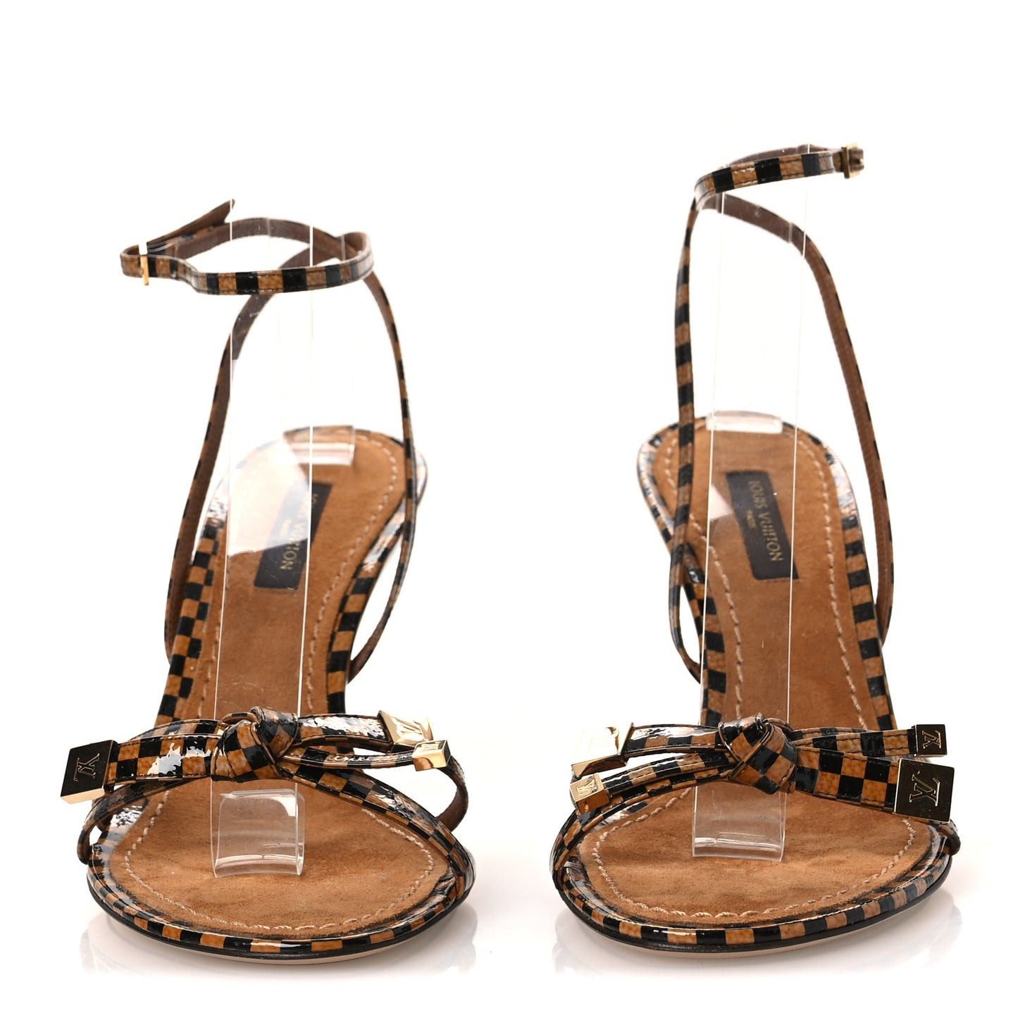 Patent Suede Damier Bow Ankle Wrap Sandals 36