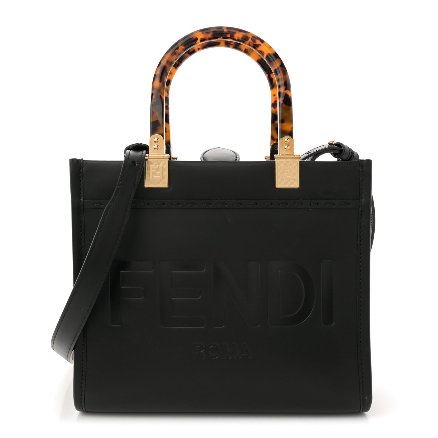 Vitello King Plexiglass Logo Embossed Small Fendi Sunshine Shopper Tote Black