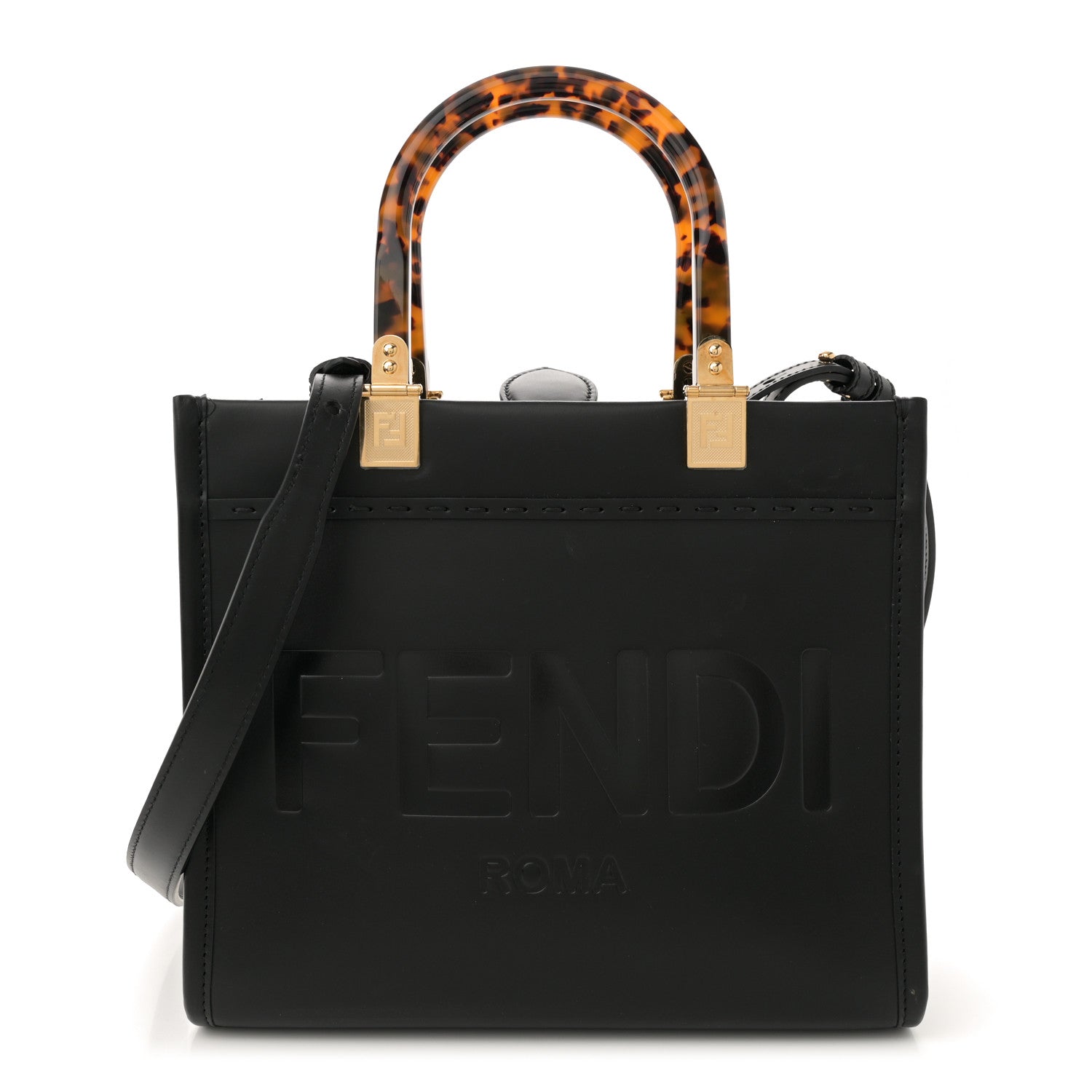 Fendi Vitello King Plexiglass Logo Embossed Small Fendi Sunshine Shopper Tote Black 1 of 9