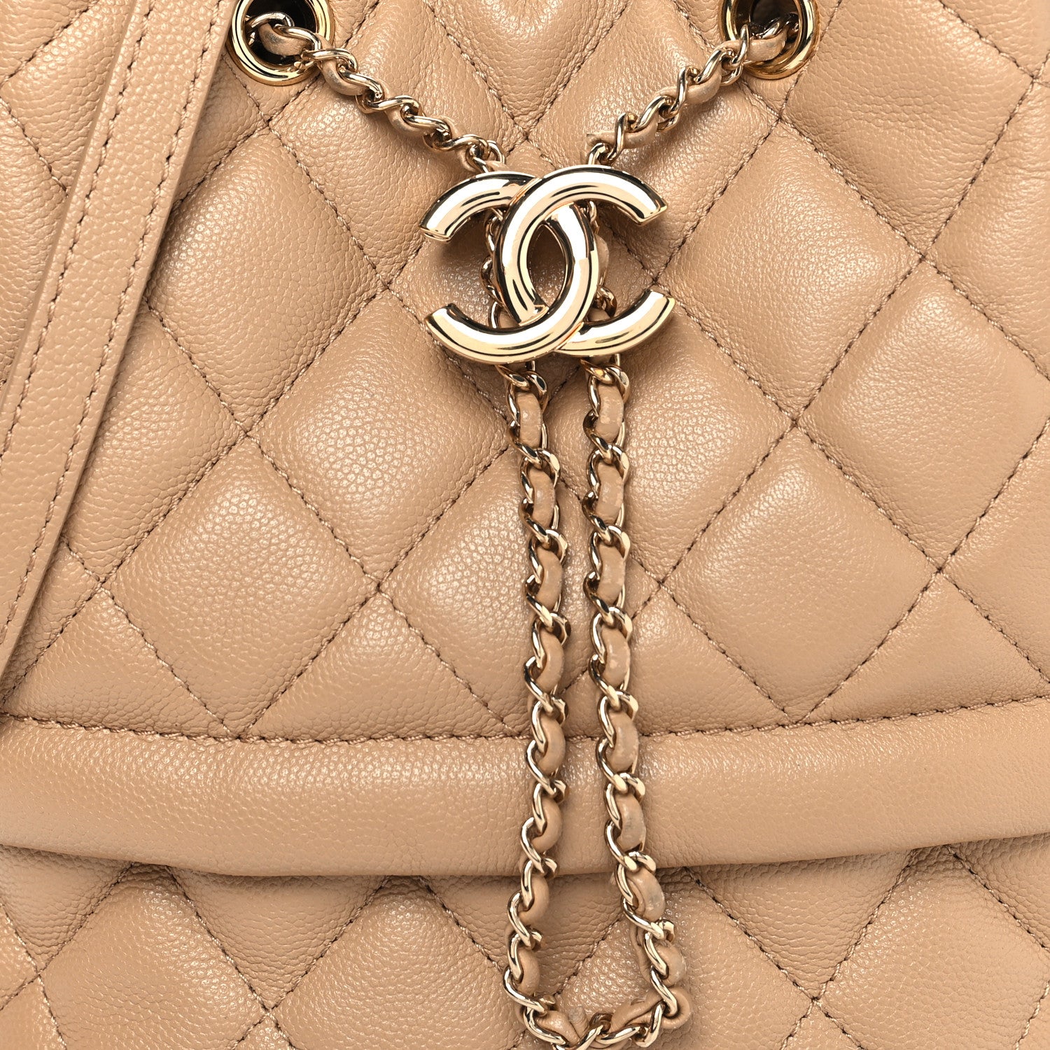 Chanel Caviar Quilted Rolled Up Bucket Drawstring Bag Beige 8 of 13