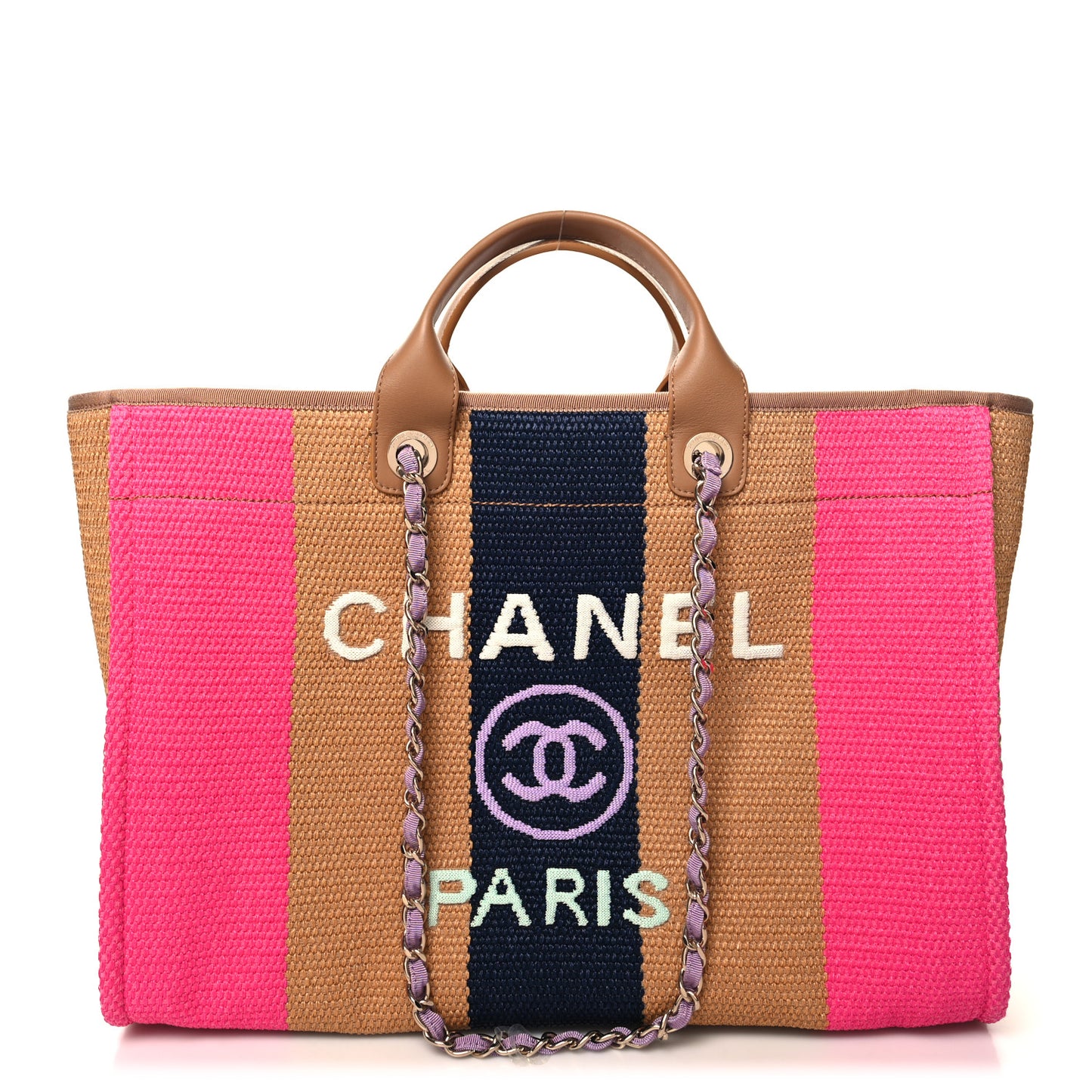 Straw Raffia Calfskin Striped Large Deauville Tote Dark Beige Fuchsia Navy Blue