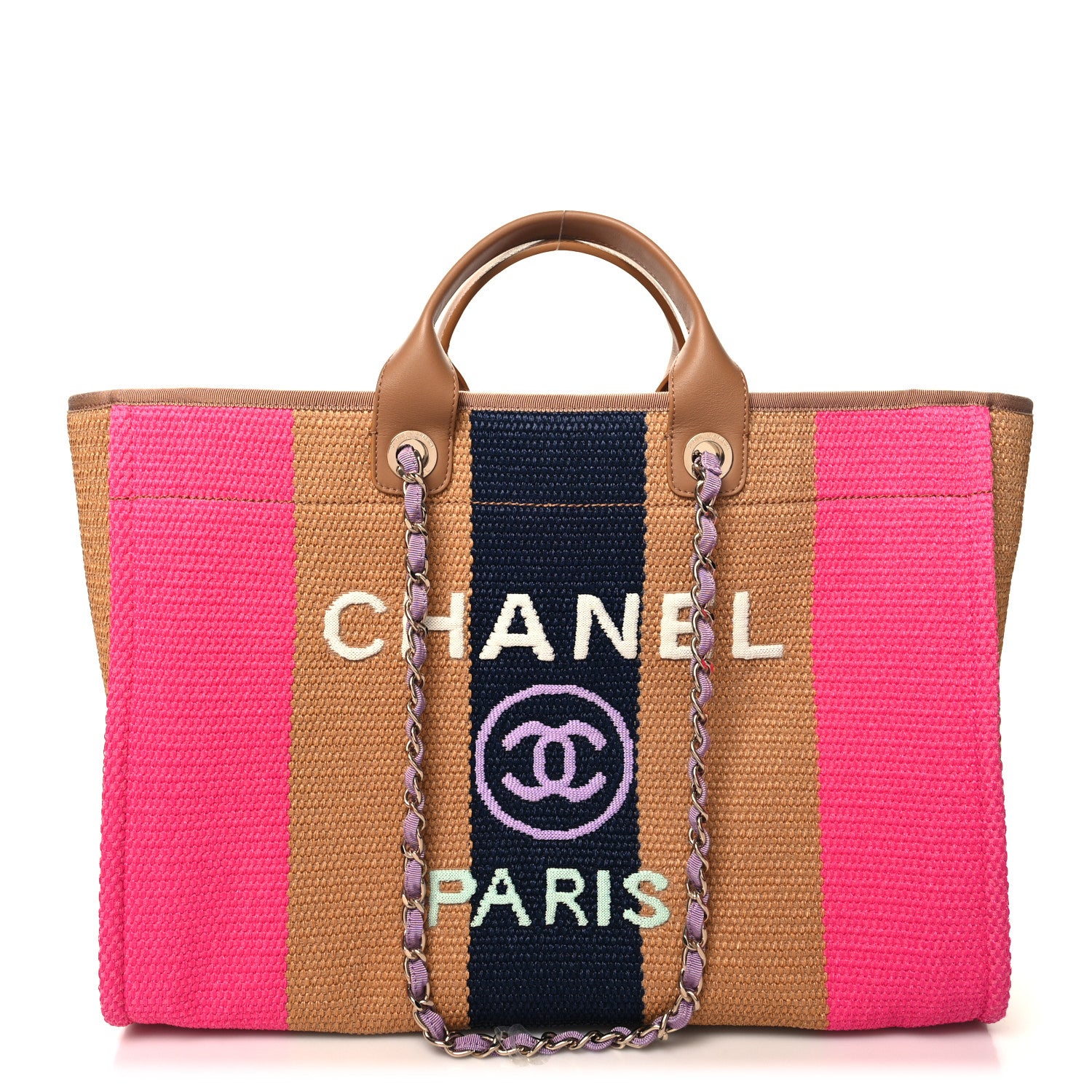 Chanel Straw Raffia Calfskin Striped Large Deauville Tote Dark Beige Fuchsia Navy Blue 1 of 10