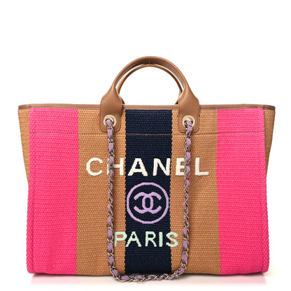 Chanel Straw Raffia Calfskin Striped Large Deauville Tote Dark Beige Fuchsia Navy Blue 1 of 10