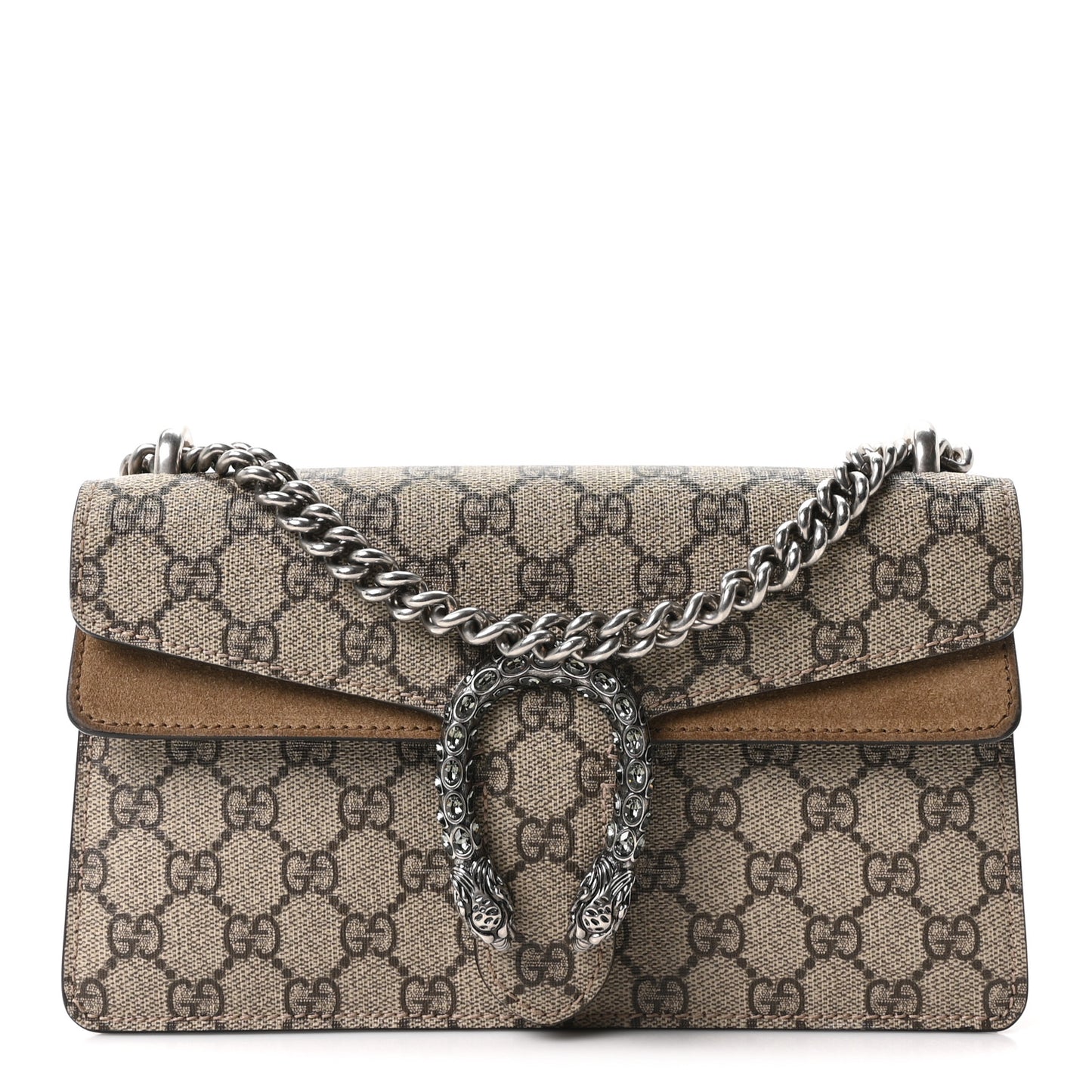 GG Supreme Monogram Suede Crystal Small Dionysus Shoulder Bag Beige Ebony Taupe