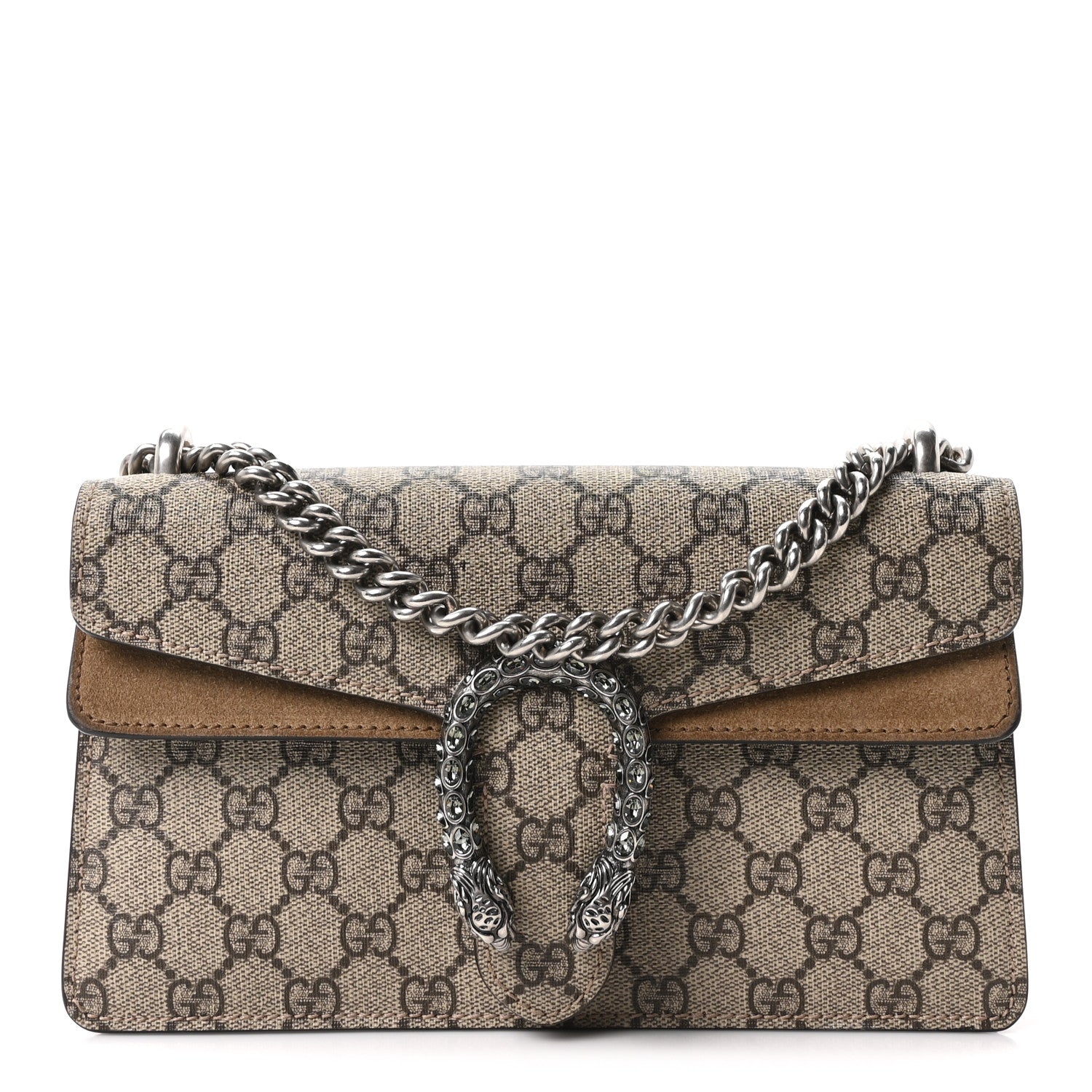 Gucci GG Supreme Monogram Suede Crystal Small Dionysus Shoulder Bag Beige Ebony Taupe 1 of 10