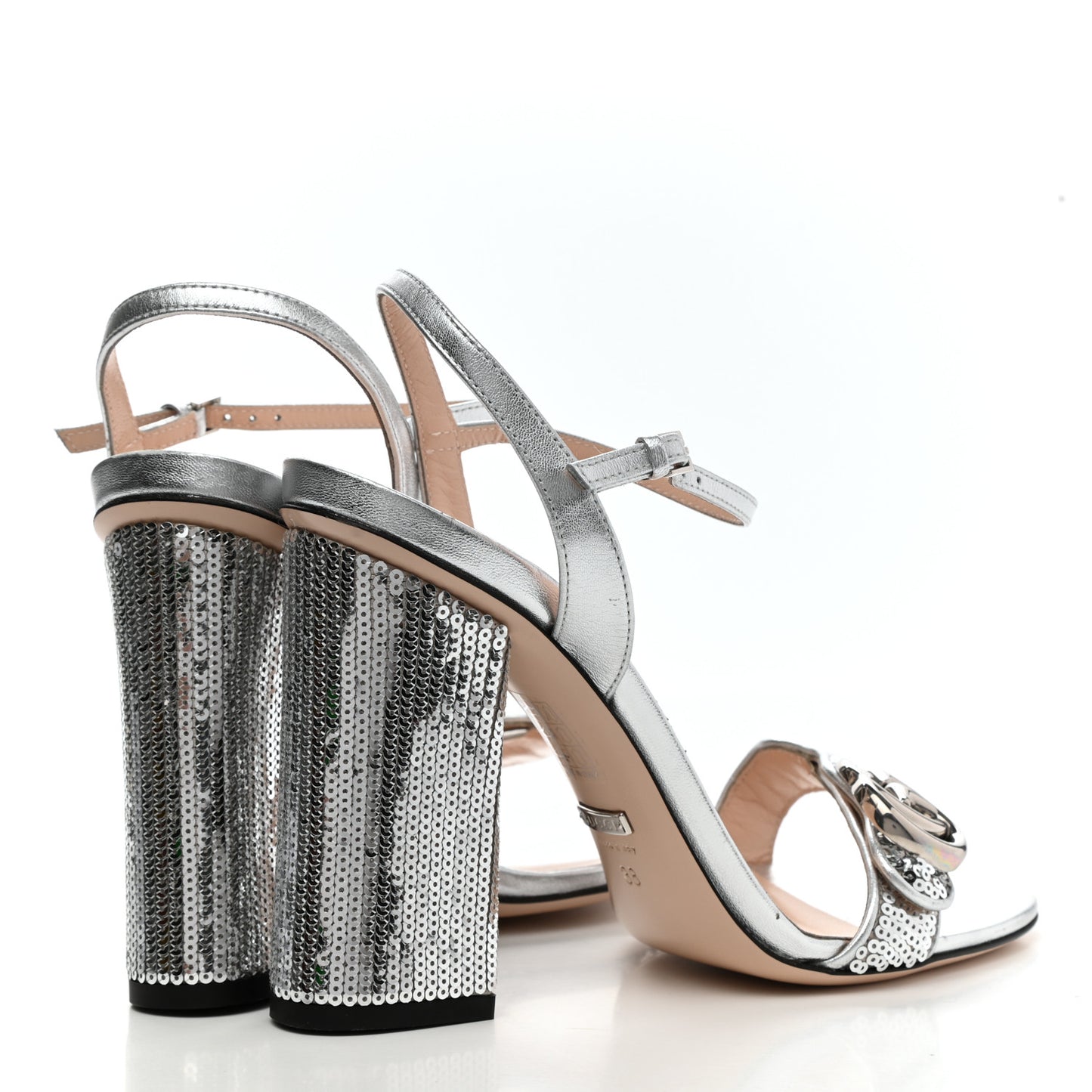 Sequin Satin Nappa GG Marmont Ankle Wrap 105mm Sandals 38 Silver Grigio Argento
