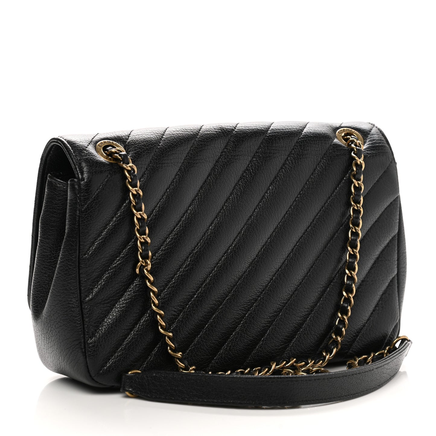 Shiny Goatskin Diagonal Quilted Small Flap Black