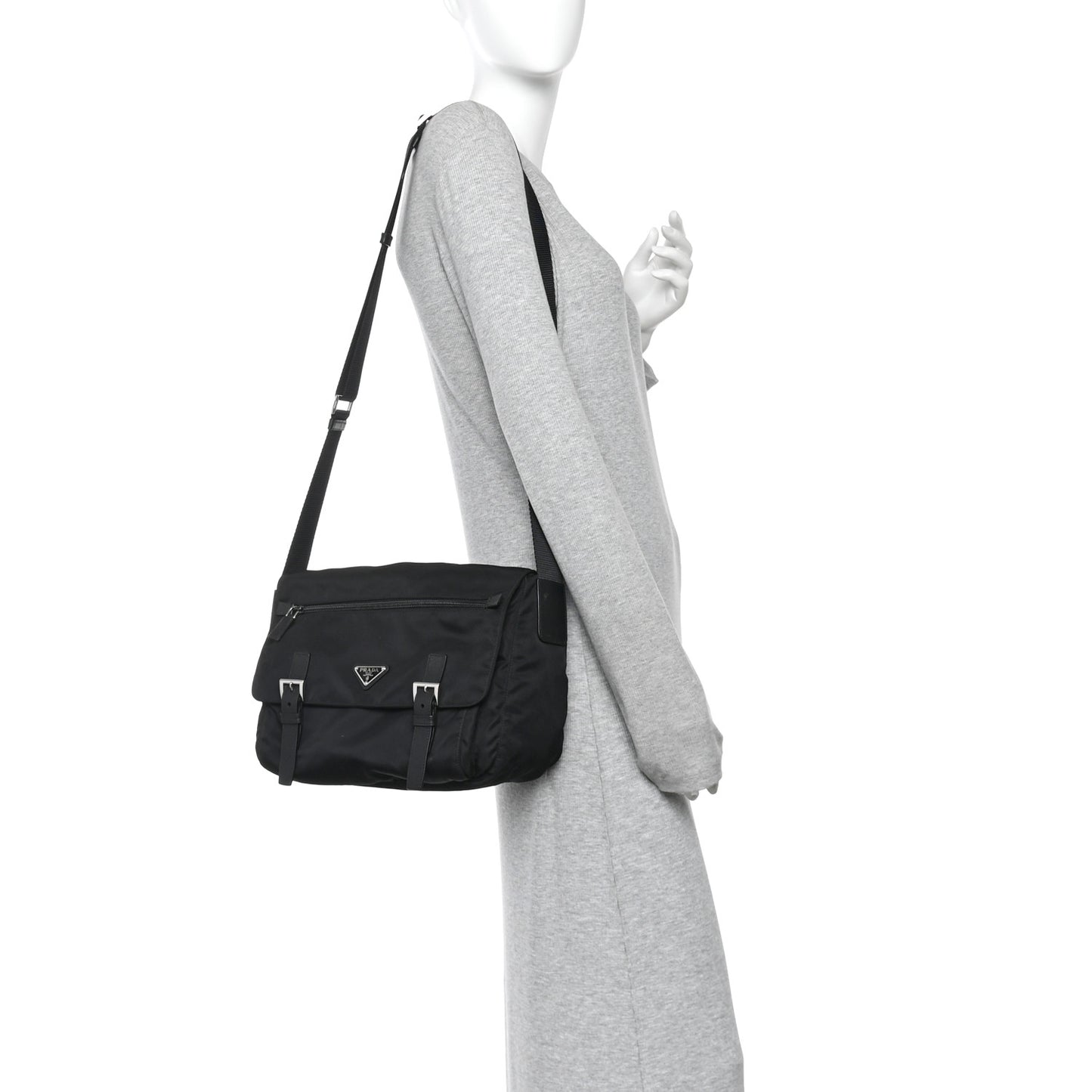 Tessuto Nylon Saffiano Double Buckle Messenger Shoulder Bag Black