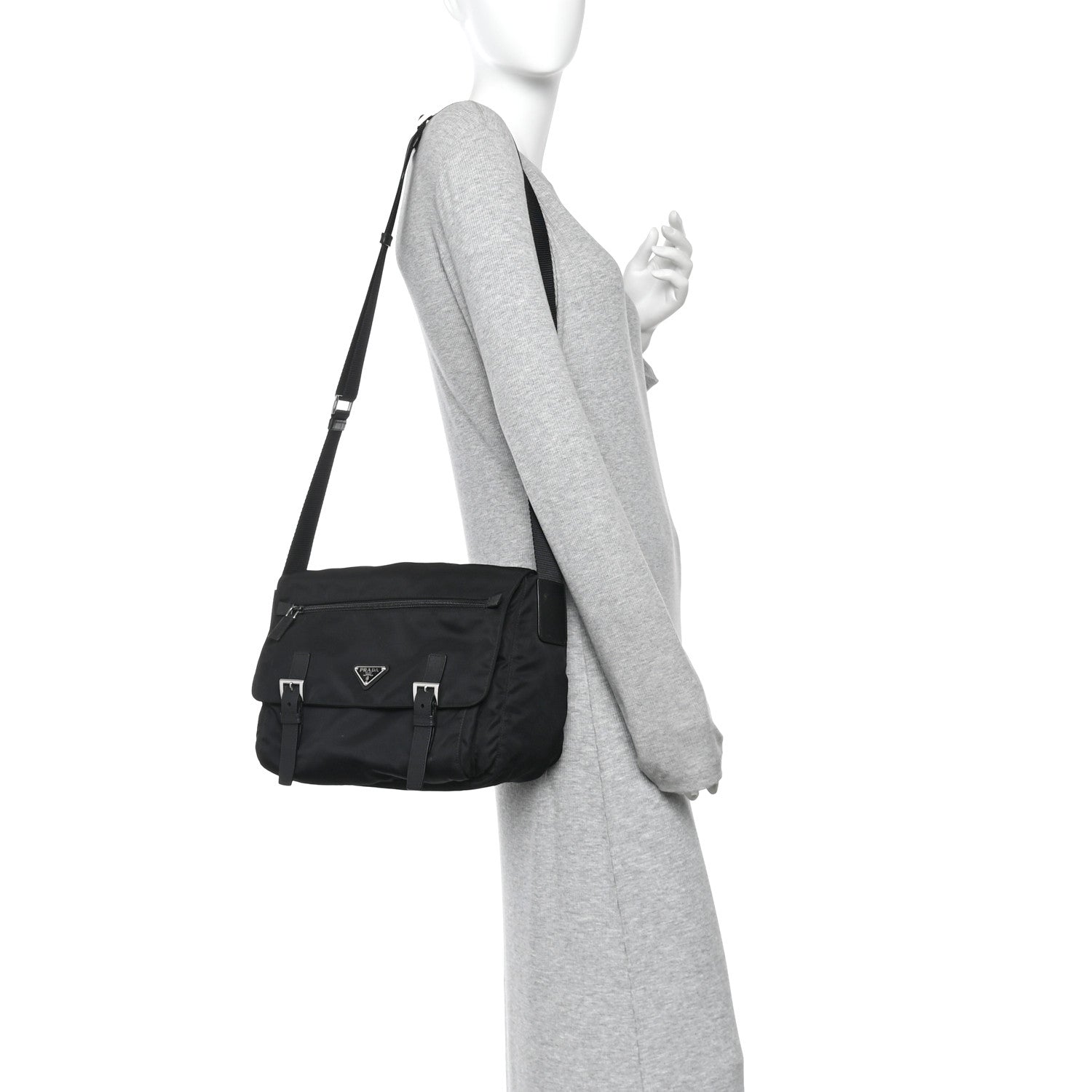 Prada Tessuto Nylon Saffiano Double Buckle Messenger Shoulder Bag Black 2 of 10