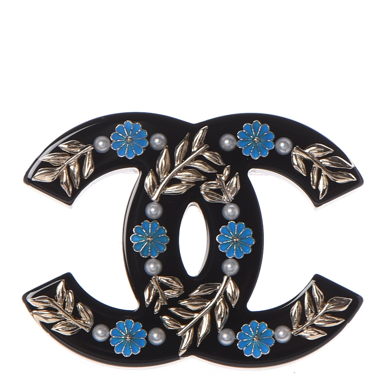Chanel Resin Pearl Enamel Flower CC Brooch Gold Black Blue 1 of 5