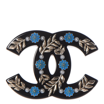 Chanel Resin Pearl Enamel Flower CC Brooch Gold Black Blue 1 of 5