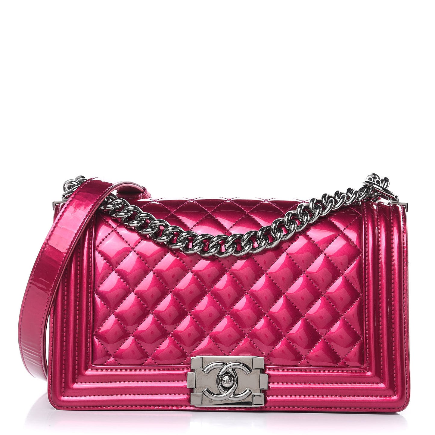 Metallic Patent Calfskin Quilted Medium Boy Flap Pink