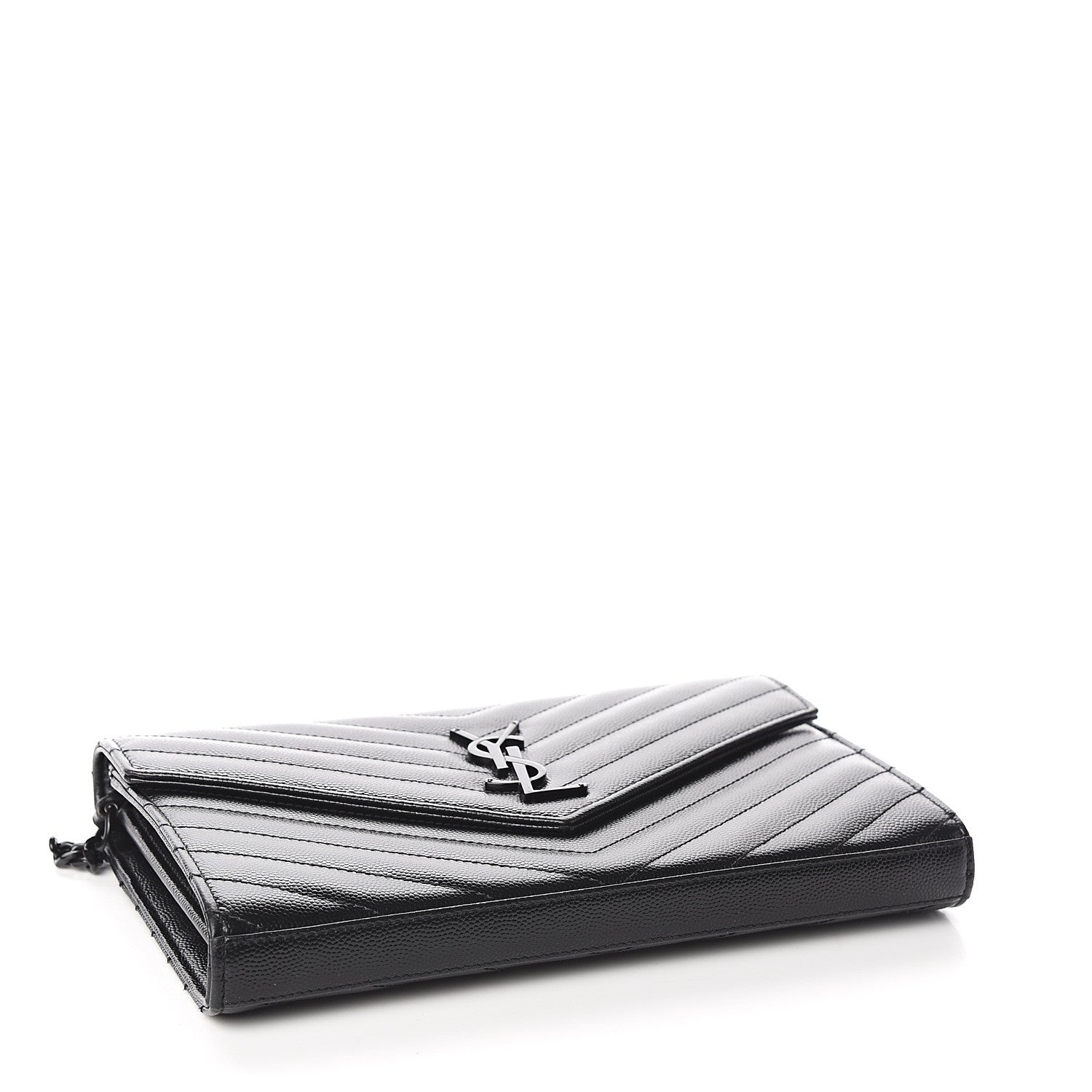 Saint Laurent Grain De Poudre Matelasse Chevron Monogram Chain Wallet Black 3 of 10