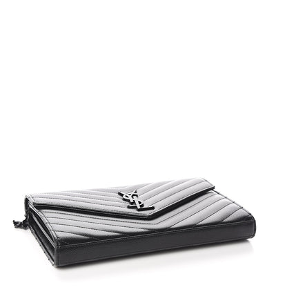 Saint Laurent Grain De Poudre Matelasse Chevron Monogram Chain Wallet Black 3 of 10