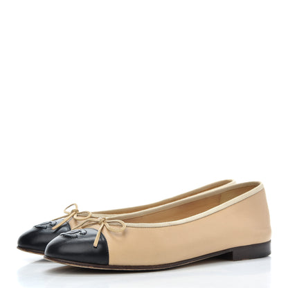 Chanel Lambskin Cap Toe CC Ballerina Flats 36.5 Beige Black 3 of 21
