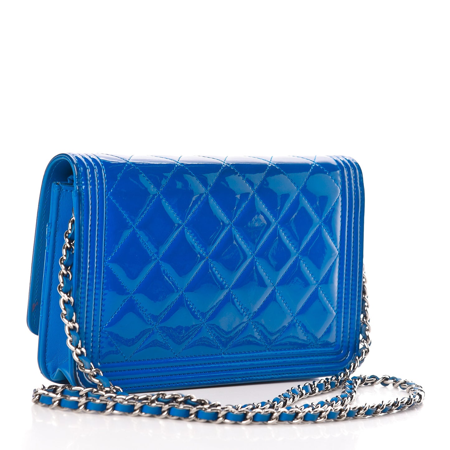 Patent Calfskin Quilted Boy Wallet On Chain WOC Dark Blue