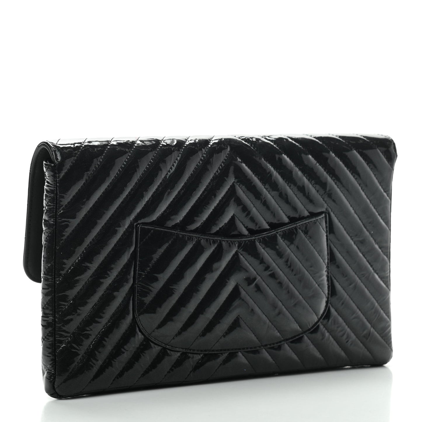 Metallic Crumpled Patent Calfskin Chevron Quilted Flap Clutch Black