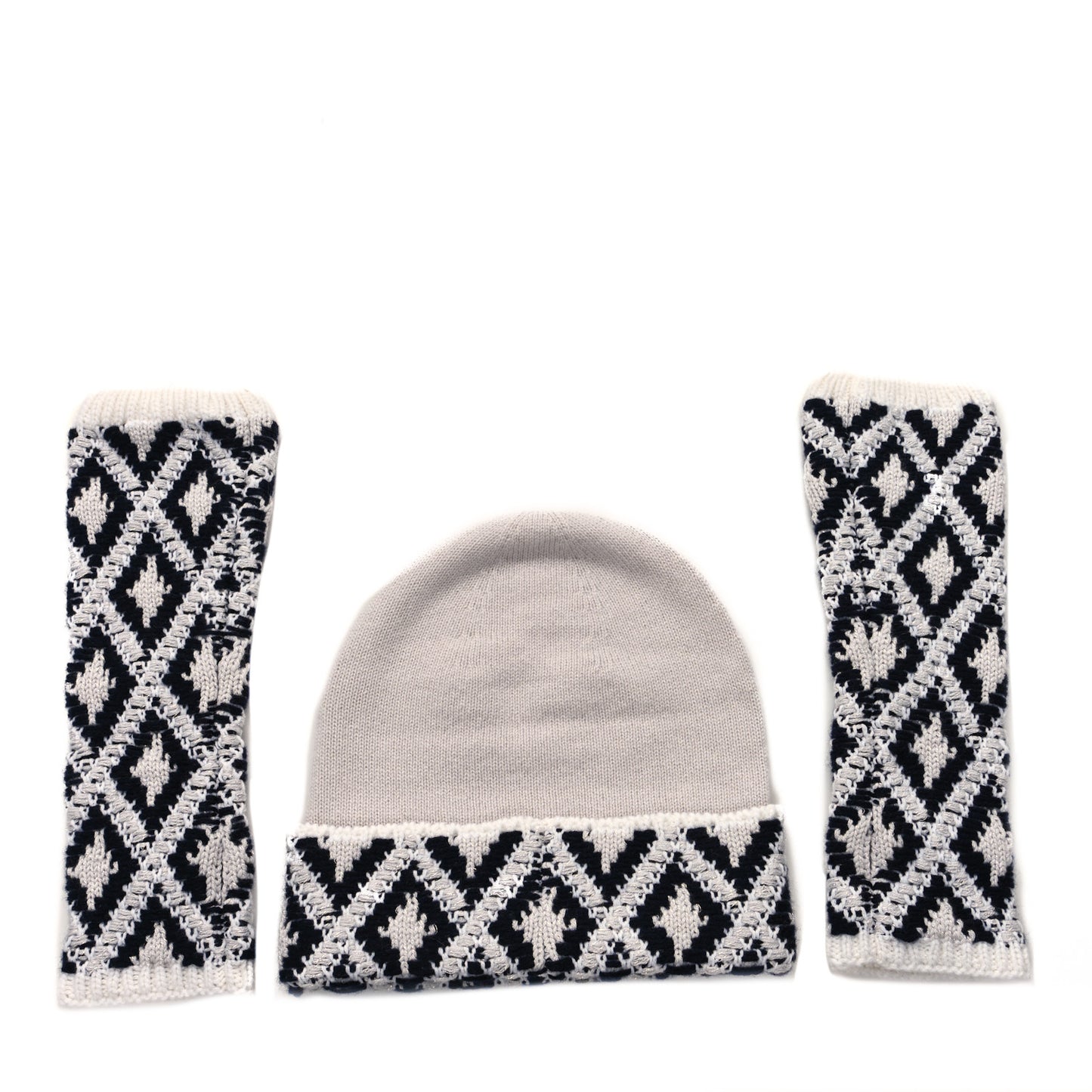 Cashmere Blend CC Beanie Hat With Gloves Set White Navy Blue
