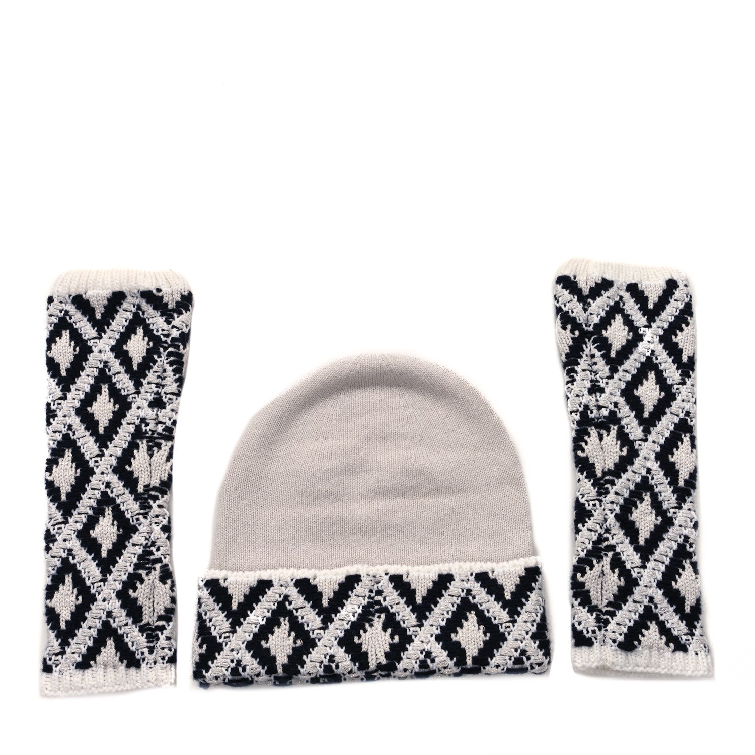 Chanel Cashmere Blend CC Beanie Hat With Gloves Set White Navy Blue 2 of 4