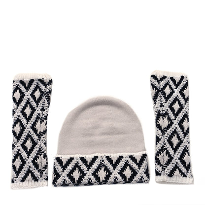 Chanel Cashmere Blend CC Beanie Hat With Gloves Set White Navy Blue 2 of 4