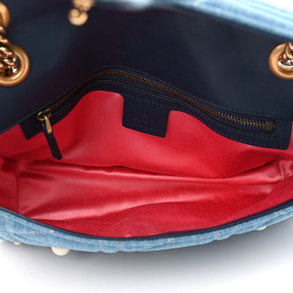 Gucci Denim Matelasse Pearl Studded Small GG Marmont Shoulder Bag Blue 5 of 9