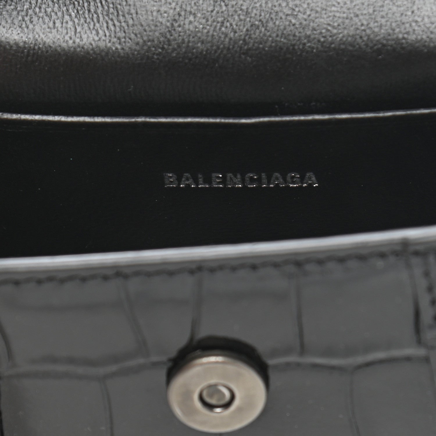Balenciaga Shiny Calfskin Monochrome Crocodile Embossed Hourglass Top Handle Bag Mini Black 6 of 10