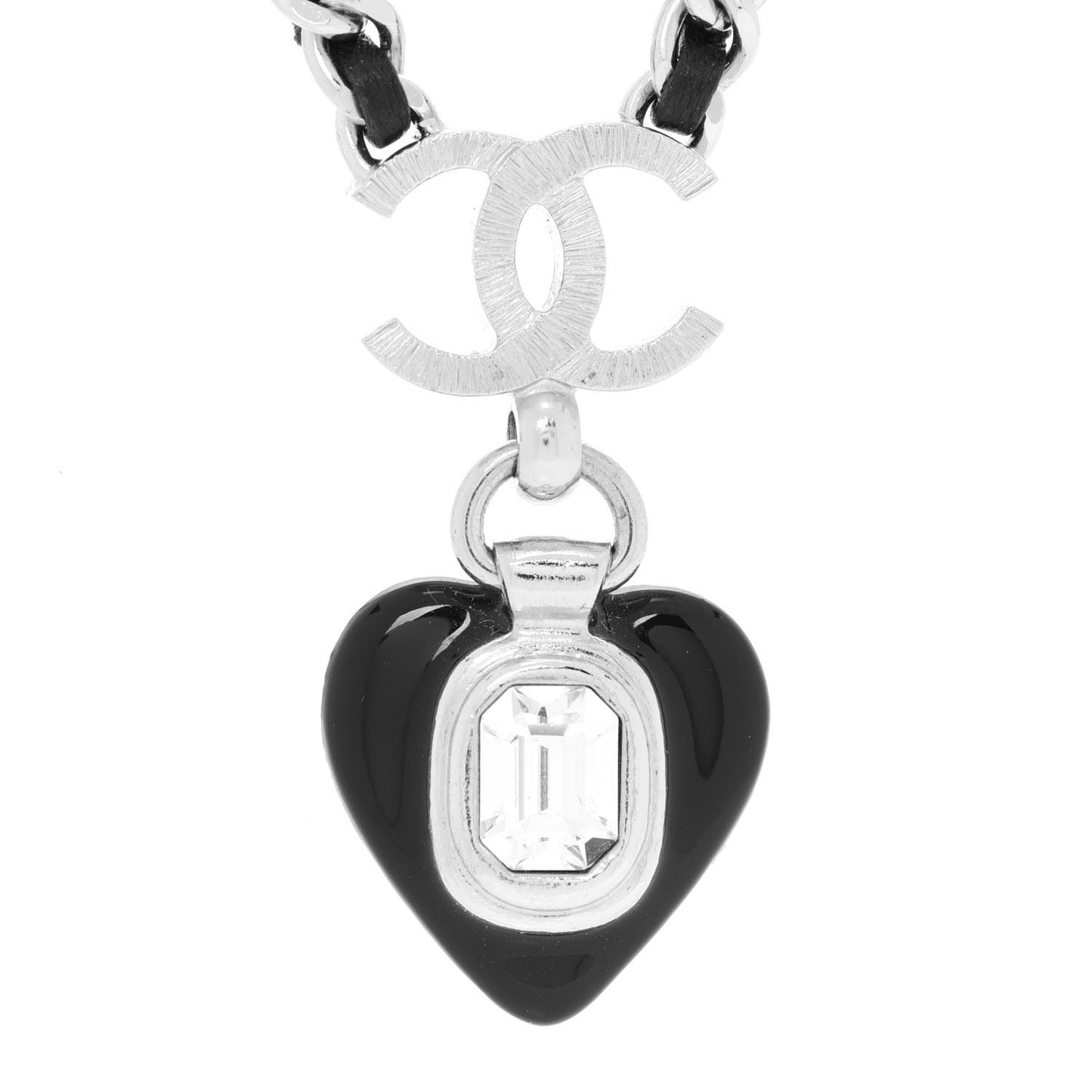 Lambskin Crystal Resin CC Heart Necklace Black Silver