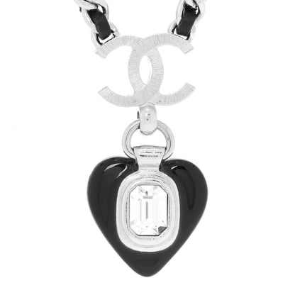 Chanel Lambskin Crystal Resin CC Heart Necklace Black Silver 4 of 5
