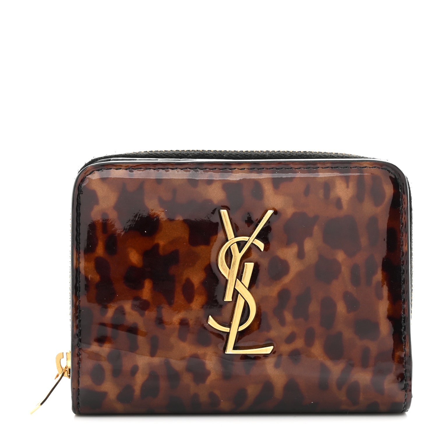 Saint Laurent Patent Tartarugato Monogram Compact Wallet Brown 1 of 8