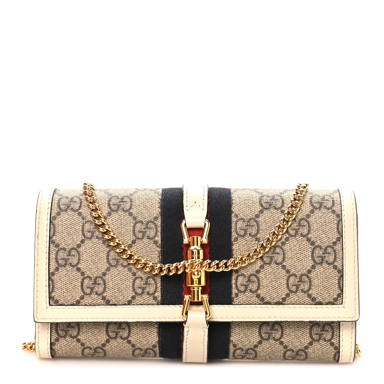 Gucci GG Supreme Monogram Textured Calfskin Web Jackie 1961 Chain Wallet Beige Ebony Mystic White 1 of 12