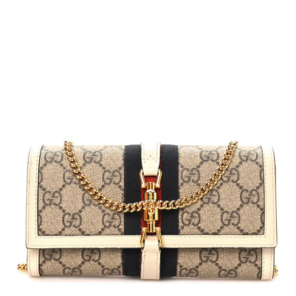 Gucci GG Supreme Monogram Textured Calfskin Web Jackie 1961 Chain Wallet Beige Ebony Mystic White 1 of 12