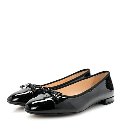 Prada Vernice Cap Toe Logo Bow Ballerina Flats 37.5 Black 4 of 9